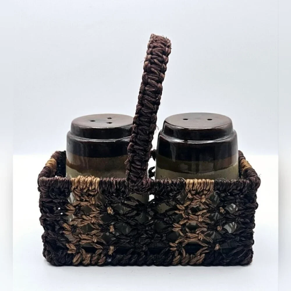 Vintage 1970's Salt & Pepper Shakers Stoneware Brown & Tan Complete with Wicker